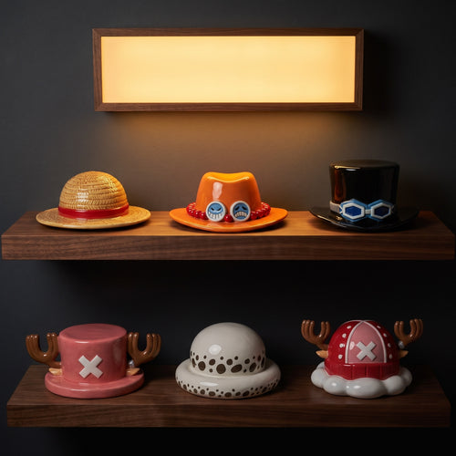 All six Strawhat hat mugs on two wall shelves: Luffy, Ace, Sabo, Chopper, Law and Chopper 2