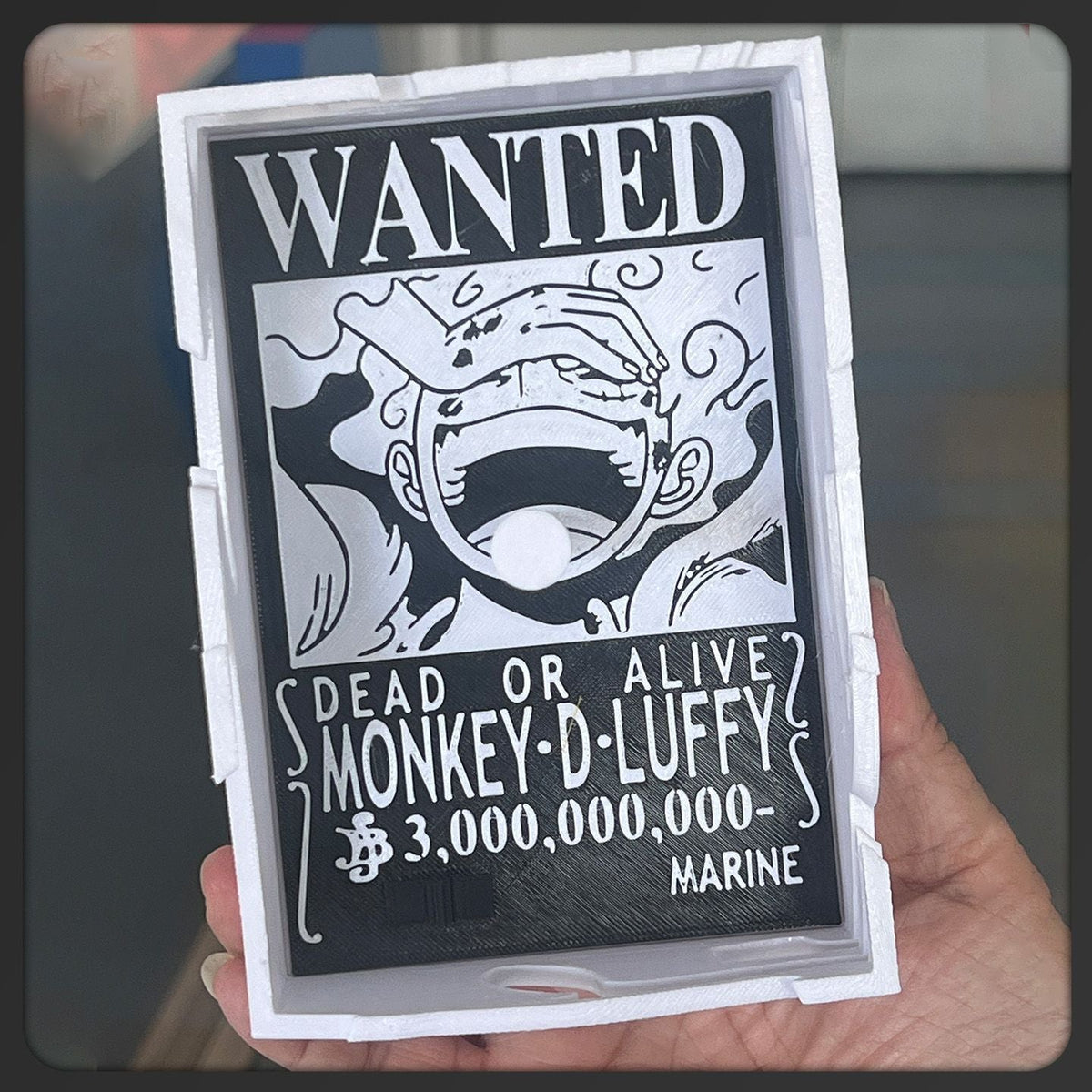 Luffy Gear 5 lamp front, WANTED poster design, held in hand