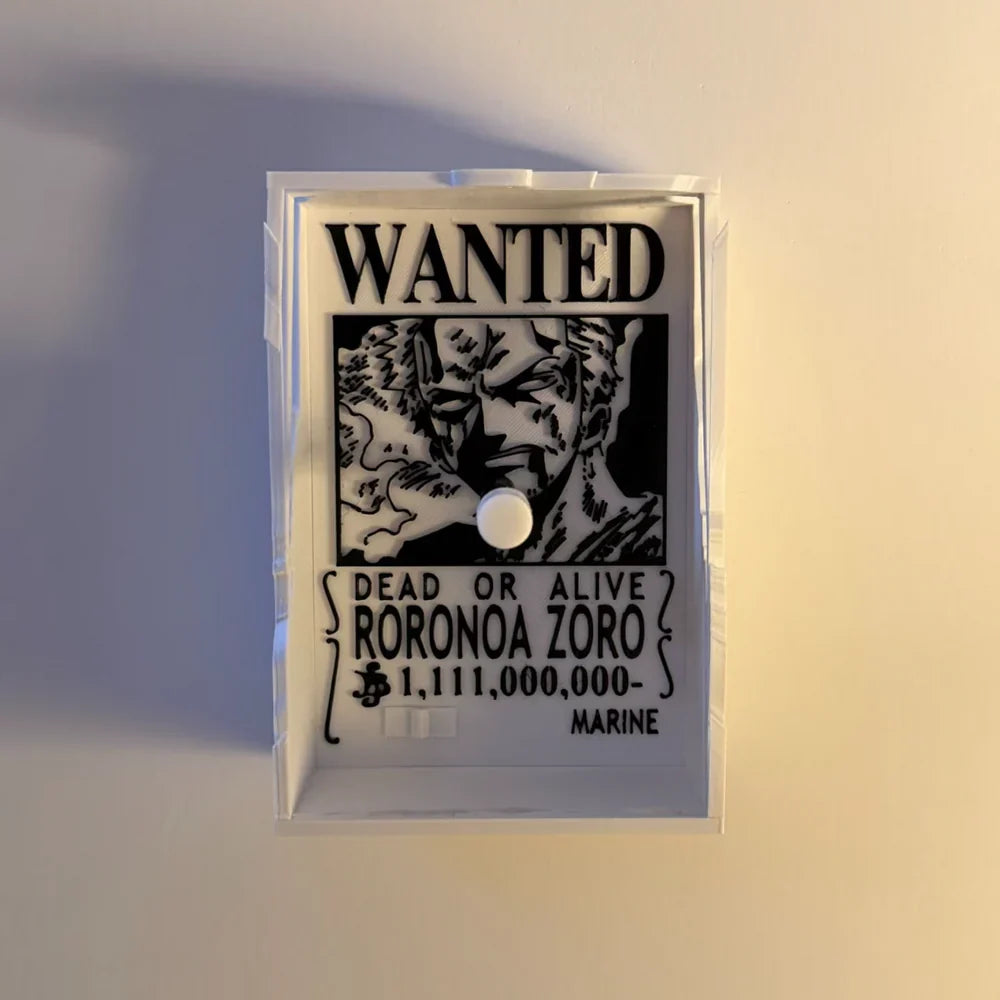 Zoro shadow lamp on a wall, lit