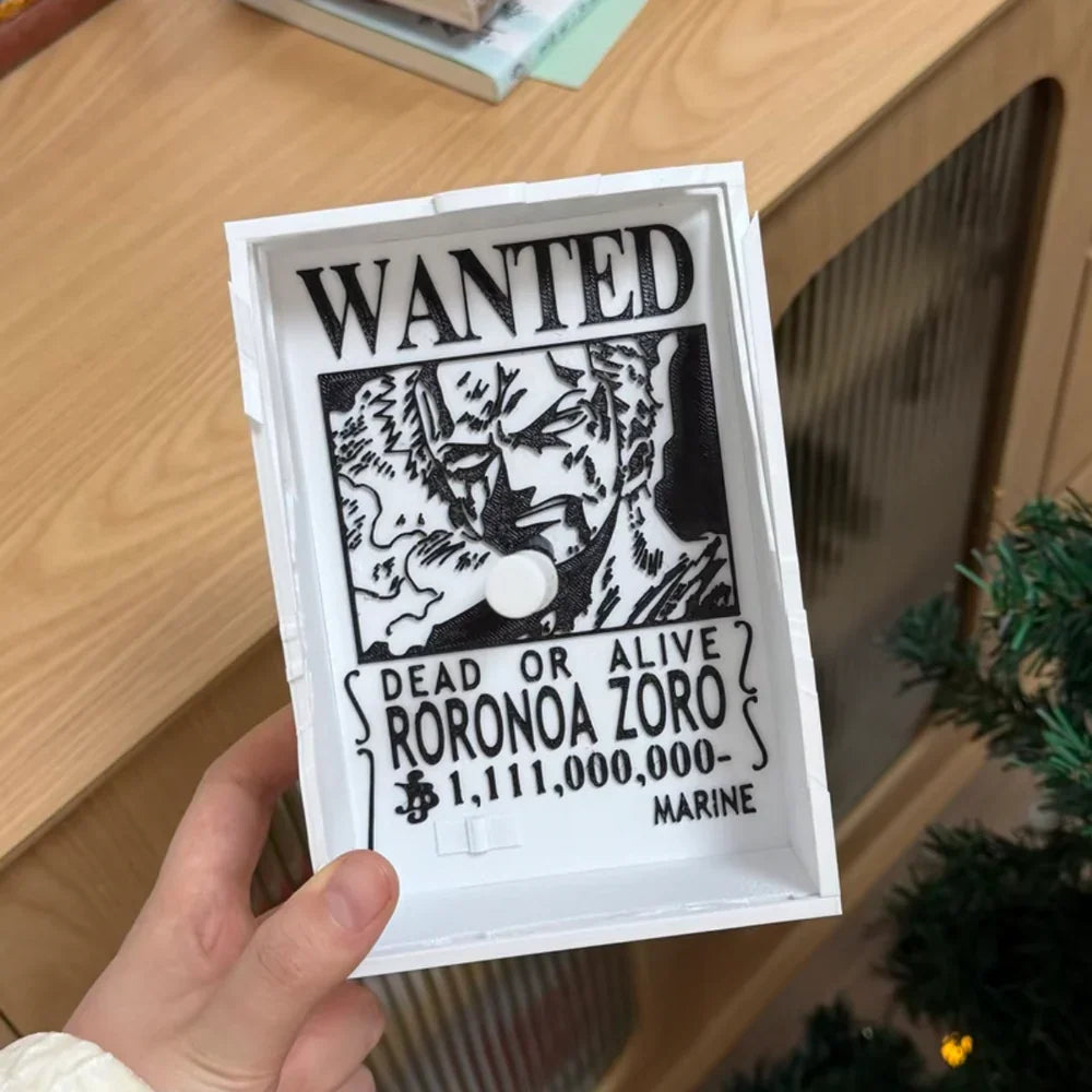 Zoro WANTED poster lamp held in hand