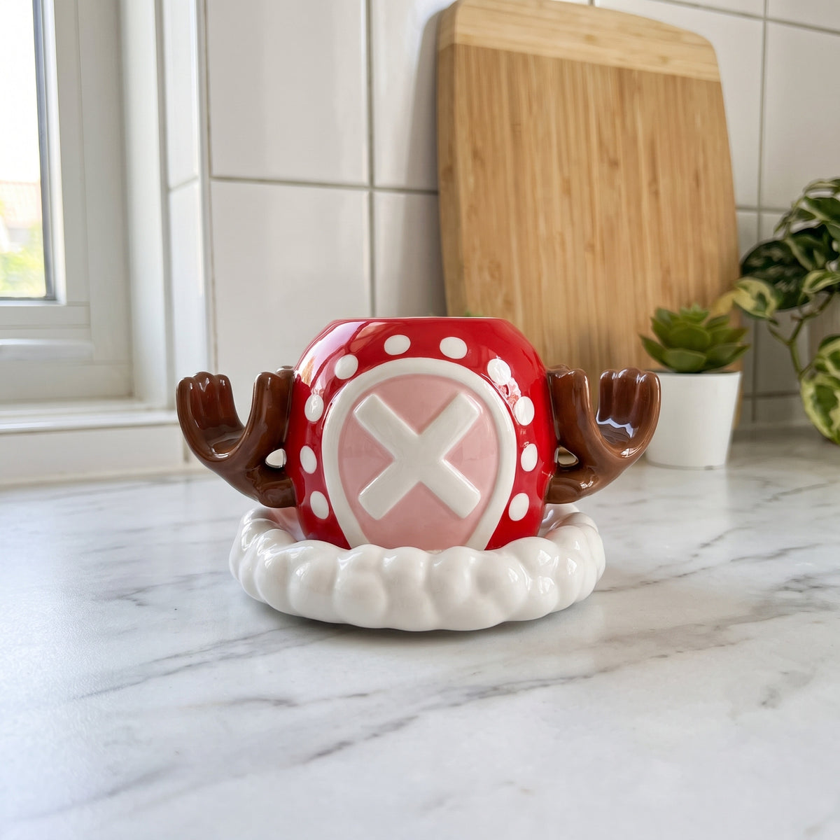 Chopper 2 red winter hat mug with antlers on a kitchen counter
