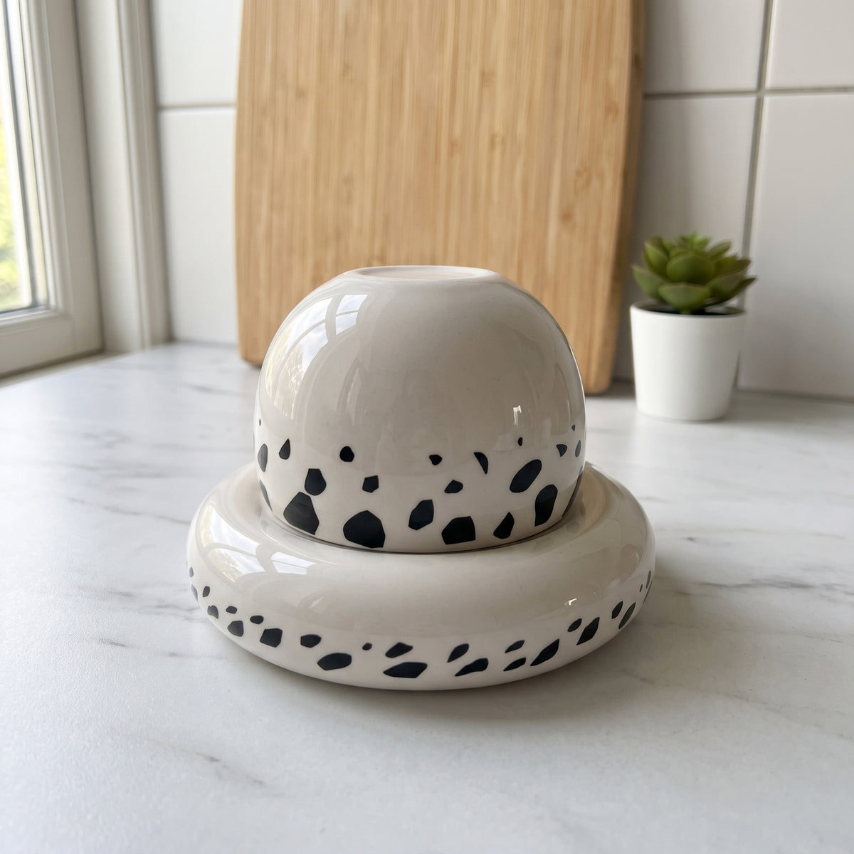 Law spotted hat mug on a kitchen counter