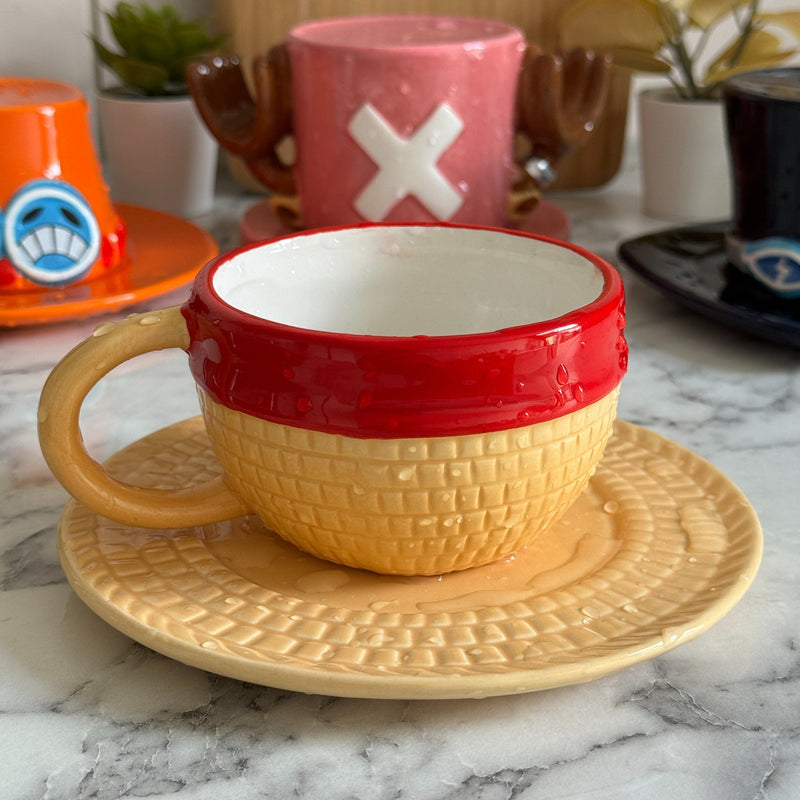 Luffy mug upright on its saucer, ready to drink from