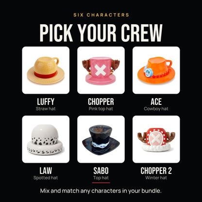 The six characters: Luffy, Chopper, Ace, Law, Sabo and Chopper 2