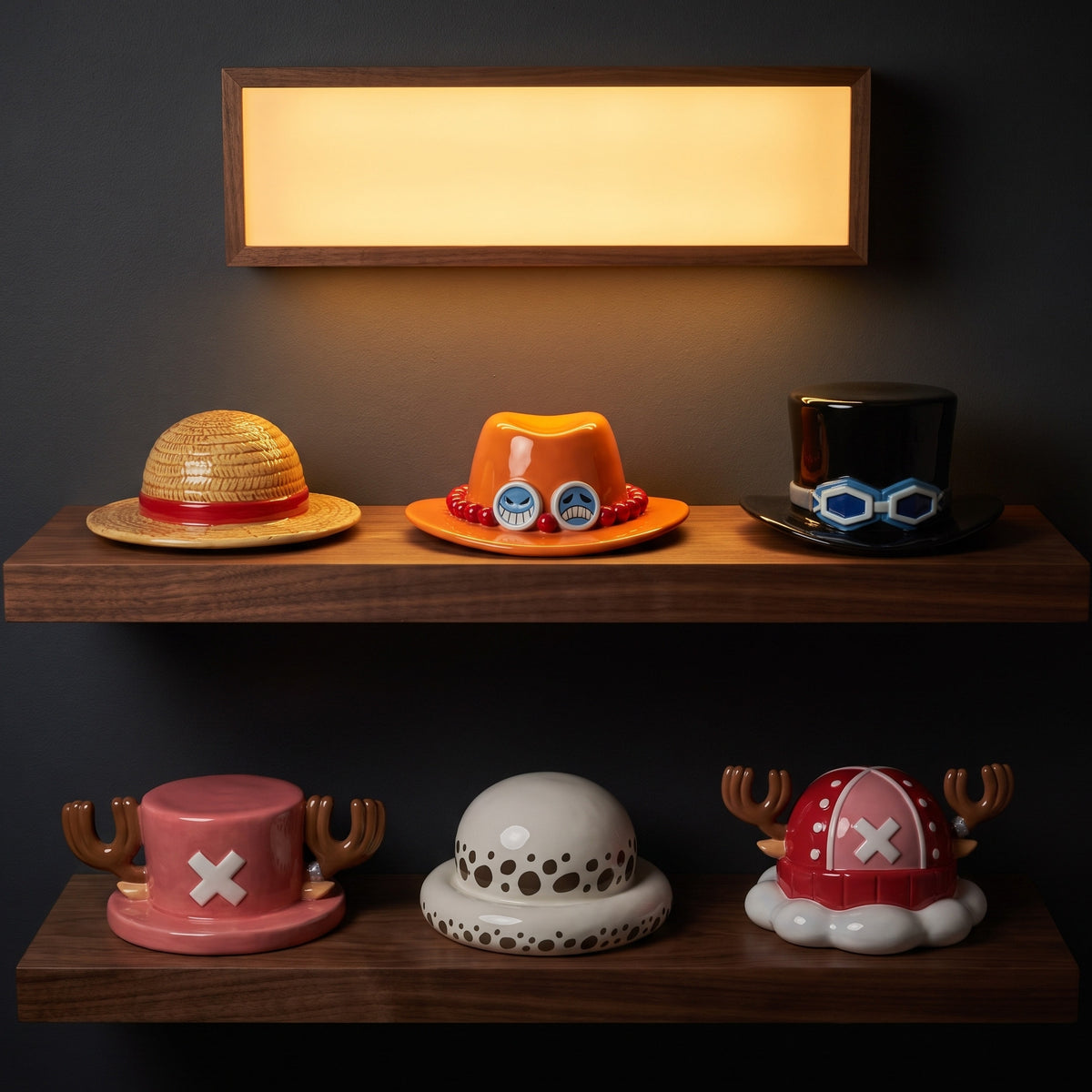 All six Strawhat hat mugs on two wall shelves: Luffy, Ace, Sabo, Chopper, Law and Chopper 2